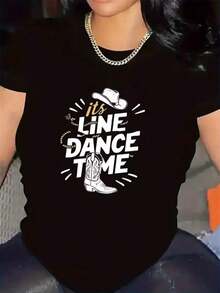 Premium Line Dancing T-Shirt, Durable And Comfortable, Ideal For Parties And Gatherings, With Cowboy Hat And Boots Design, Perfect For Indoor And Outdoor Activities, Stylish And Lightweight T-Shirt, Gift Idea. - 黑色 - 查看 1
