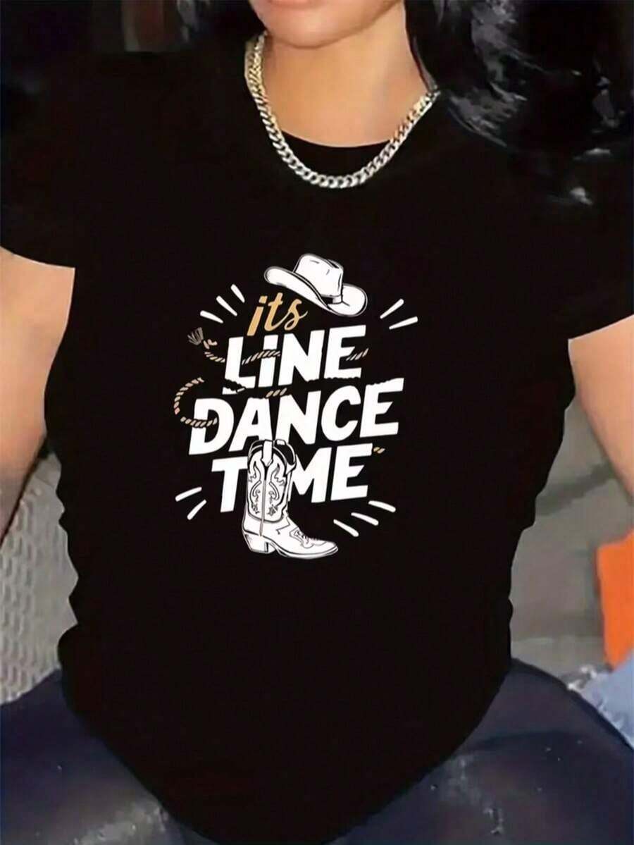 Premium Line Dancing T-Shirt, Durable And Comfortable, Ideal For Parties And Gatherings, With Cowboy Hat And Boots Design, Perfect For Indoor And Outdoor Activities, Stylish And Lightweight T-Shirt, Gift Idea. - 黑色 - 查看 1