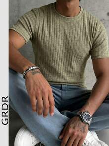 GRDR Men's Casual Minimalist Knit Short Sleeve Top, Summer - Khaki - View 2