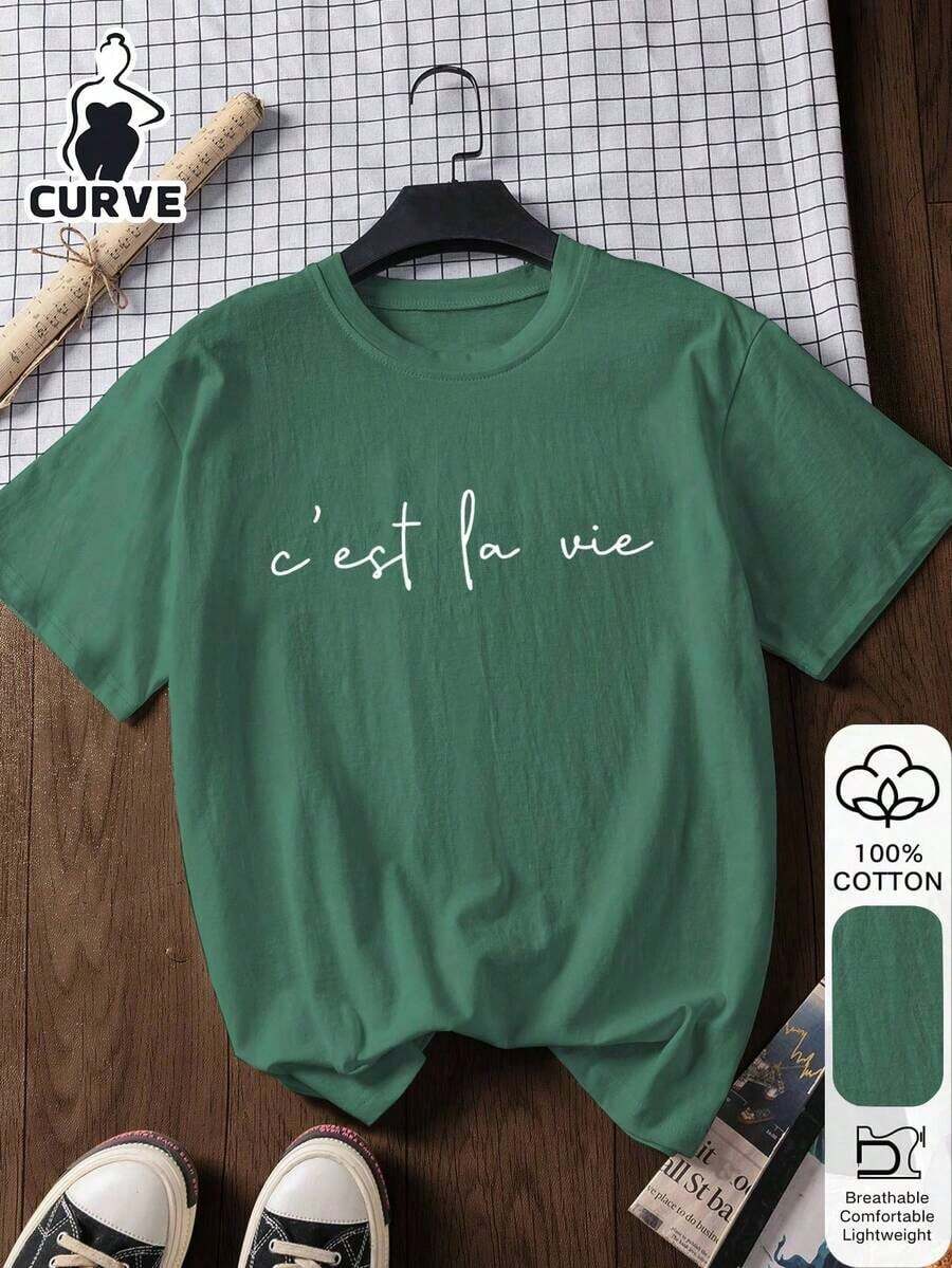 Plus Size Letter Print Casual 100% Cotton Short Sleeve Top, Outdoor Wear, Graphic Tee, Summer T-Shirt, Women's Tee, Summer Blouse, Vacation Outfit, Travel Style, Beach Vibe, Minimalist Resort Wear - 綠色 - 查看 1