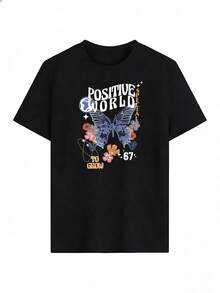 Blue Butterfly T-Shirt With "Positive World" Text, Fashionable Short-Sleeve T-Shirt For Spring/Summer 2026, Made In Mexico, 180 Grams. Cartoon Print, Couple Design, Suitable For Indoor Or Outdoor Wear. Crew Neck, Unisex, Ideal For The Office And Leisure. One-Pack. - BK-P631577SLNDXZGY627 - 查看 2