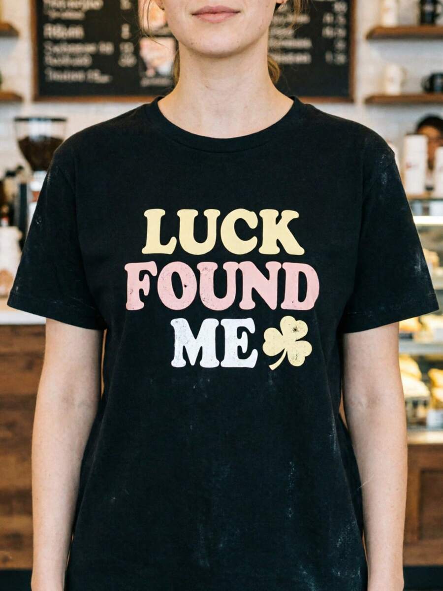 Women's Printed T-Shirt - Casual Short Sleeve Crew Neck T-Shirt In Textured Black With Multicolor Text And Yellow Clover - Relaxed Fit For All Seasons, Perfect For Everyday Wear And Holiday Outfits (Machine Washable). - 黑色 - 查看 1