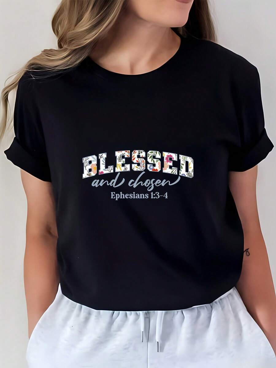 Camiseta estampada para mujer - camiseta casual de manga corta y cuello redondo en negro con diseño de texto multicolor brillante, corte relajado para todas las estaciones, perfecta para uso diario y atuendos de vacaciones, lavable aáquina. - Negro - Ver 1