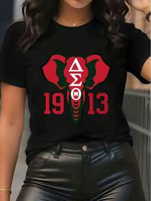 Women's Short Sleeve Crew Neck Graphic T-Shirt With Delta Sigma Theta Elephant Print And 1913 Inscription, Casual Summer Style, Unisex, Suitable For Casual Daily Outings, Summer Short Sleeve T-Shirt, Retro Y2K Print T-Shirt. - 黑色 - 查看 1