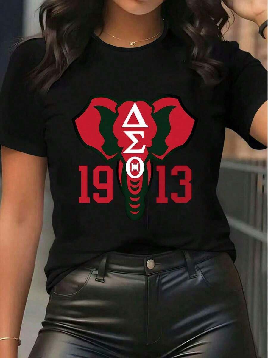 Women's Short Sleeve Crew Neck Graphic T-Shirt With Delta Sigma Theta Elephant Print And 1913 Inscription, Casual Summer Style, Unisex, Suitable For Casual Daily Outings, Summer Short Sleeve T-Shirt, Retro Y2K Print T-Shirt. - 黑色 - 查看 1