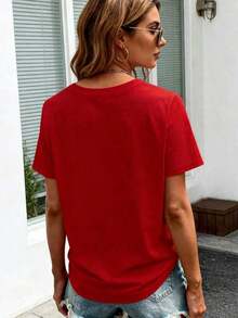 1 Piece Of High-Quality Women's Plus-Size T-Shirt, Cotton, Size M, Round Neck, Short Sleeves, Loose Fit, Floral Print, Casual Everyday Wear, Soft And Breathable T-Shirt, Colorful, Plus-Size Fashion, Comfortable Summer Top. Round Neck, 100% Cotton, Soft Fabric, Short Sleeve - 紅色 - 查看 2