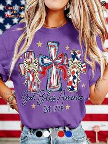 American 250th Anniversary Celebration Apparel Graphic Tees Round Neck T-Shirt, "God Bless America" T-Shirt, USA 250th Anniversary Birthday Gift T-Shi - 紫色 - 查看 1