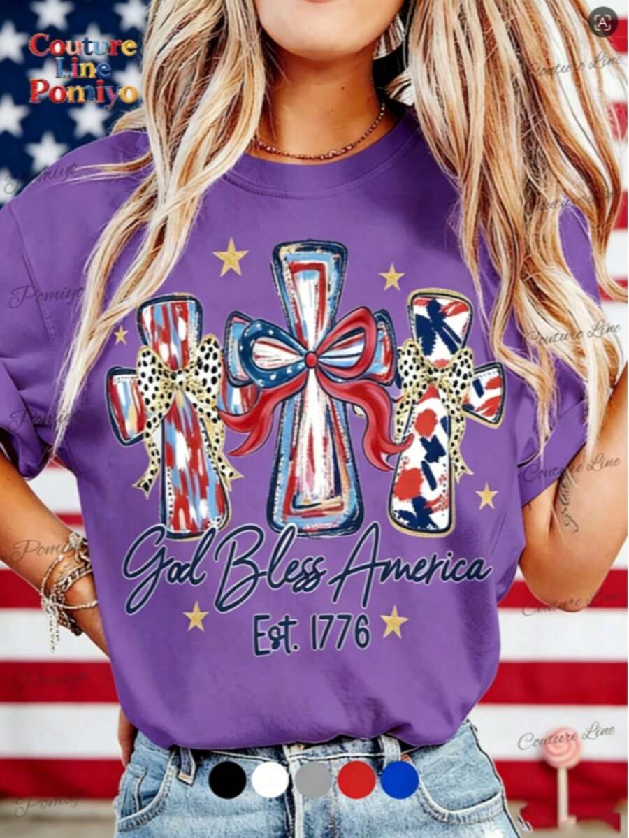 American 250th Anniversary Celebration Apparel Graphic Tees Round Neck T-Shirt, "God Bless America" T-Shirt, USA 250th Anniversary Birthday Gift T-Shi - 紫色 - 查看 1