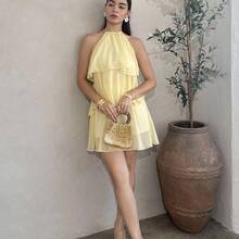 Vestido mini de gasa con hojas de loto en cascada de color rojo sólido, adecuado para citas diarias, salidas nocturnas, discotecas, fiestas, reuniones, fiestas de cóctel, fiestas en la piscina, ropa de vuelta al colegio, vestidos de temporada escolar, vestidos de vacaciones, faldas de tutú, ropa bohemia para mujer y fiestas - verde menta - Ver 7