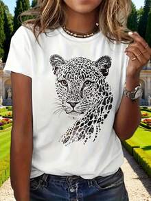 Camiseta con Estampado Gráfico de Leopardo, Manga Corta, Cuello Redondo, Estilo Casual para Verano y Primavera, Ropa de Mujer, Camiseta de Algodón para Familia Coordinada - Blanco - Ver 3