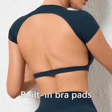 Hearuisavy Breathable Summer Sports T-Shirts, Workout Tops, Activewear, Backless Yoga Clothes, Women's Sports Crop Tops, Gym Top - 海軍藍胸墊 - 查看 12