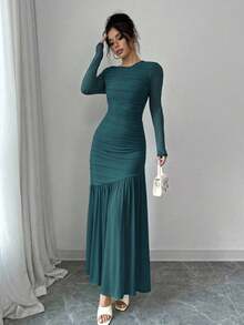 Vestido largo de manga larga con cuello redondo y malla para mujer, vestido casual de otoño.Adecuado para ropa de otoño, atuendo de regreso a clases, atuendo de maestro - Agua verde azul - Ver 7