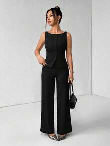 PETITE Conjunto de chaleco y pantalones de un solo pecho de unicolor con cuello redondo, elegante traje de oficina para mujer, ropa de mujer de verano y otoño, conjunto de oficina, ropa casual de negocios, conjunto de dos piezas, ropa de oficina de otoño para mujer, conjunto de blazers para mujer - Negro - Ver 7