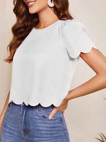 Blusa con mangas abullonadas, recorte ondulado y escote en la espalda, Blusas de manga corta - Blanco - Ver 4