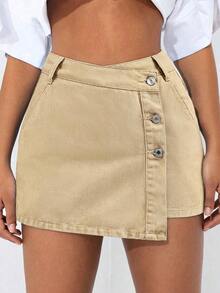 PETITE Short vaquero sexy con bolsillo frontal, cruce de cintura y abotonado para mujer - Caqui - Ver 4