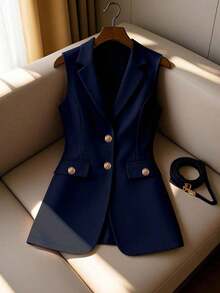Blazer sin mangas de alta calidad para mujer, profesional para ir al trabajo - Azul marino - Ver 5