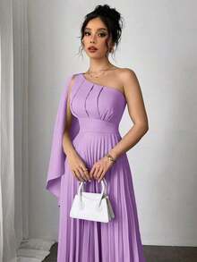 Nuevo vestido plisado sin mangas de color azul claro versátil para mujer, atuendo de vacaciones, vestido de verano - Lila Púrpura - Ver 6