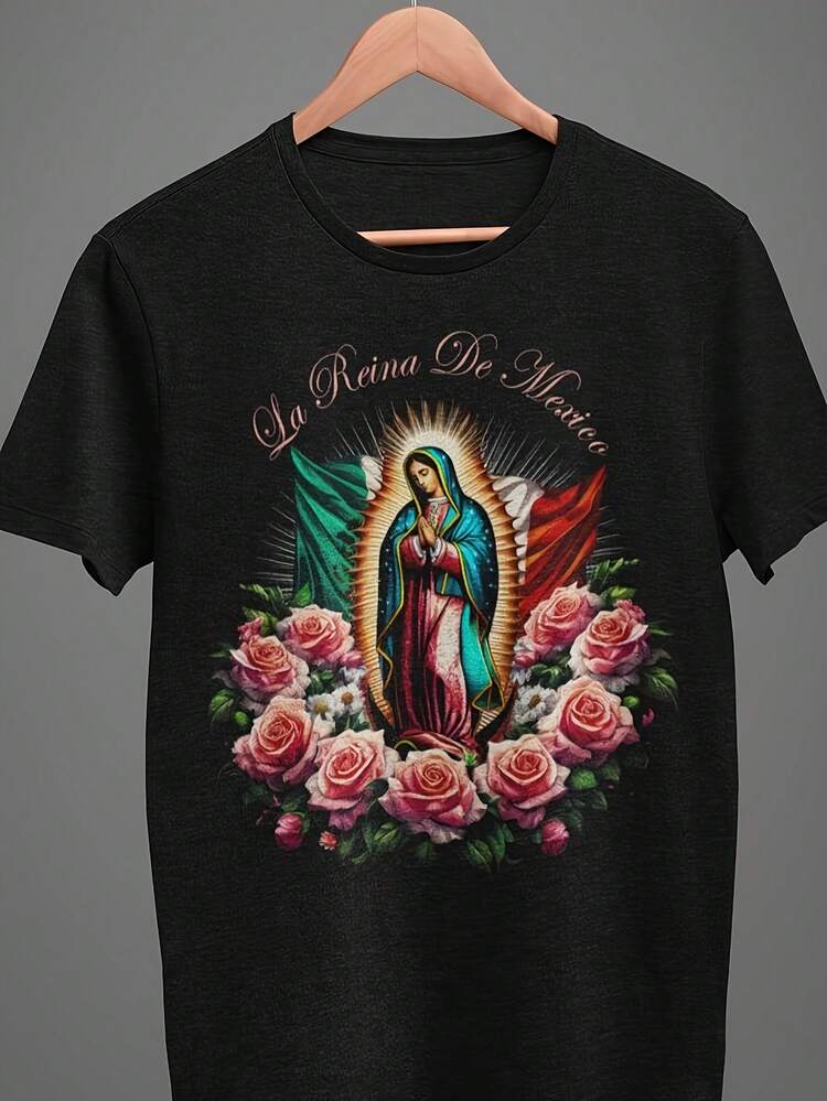 Camiseta Virgen de Guadalupe - Iconografía Religiosa Mexicana con Nuestra Señora de Guadalupe e Inscripción en Español - Camiseta Unisex de Cuello Redondo y Manga Corta de 220gsm para Hombres y Mujeres - A - Negro - Añade 1