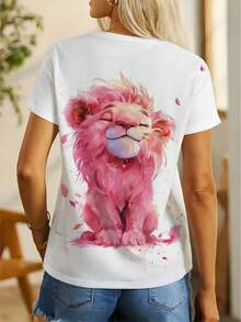 Women's Short Sleeve T-Shirt With Pink Watercolor Lion Print | Women's T-Shirt With Adorable Lion Print, Casual And Youthful Style - DZZ346 - 查看 5
