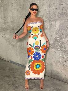 Vestido ajustado con estampado floral retro y estilo bohemio casual para mujeres, adecuado para vacaciones de verano - Multicolor 4 - Ver 3