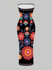 Vestido ajustado con estampado floral retro y estilo bohemio casual para mujeres, adecuado para vacaciones de verano - Multicolor 6 - Ver 2