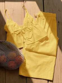 2 piezas de top de tirantes y pantalones de lino de verano para mujeres - Amarillo - Ver 8