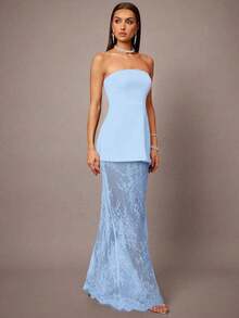 de 2 piezas que incluye top corto con corpiño y falda mini con dobladillo de encaje en estilo A-line, color negro, adecuado para citas, graduaciones, conciertos, vestidos de dama de honor, bodas, ocasiones románticas, estilo minimalista, conju - Celeste - Ver 5