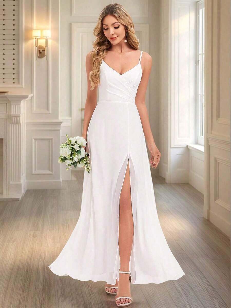 Elegante vestido de noche de unicolor y sexy, vestido de dama de honor con abertura alta y tirantes finos en azul marino, vestido formal para invitados de boda en primavera - Blanco - Ver 1