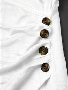 Camiseta casual de mujer de manga corta, cuello en V, fruncida y ajustada de unicolor - Negro - Ver 6