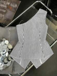 CURVE Una blusa de mujer de verano de gran tamaño, de estilo casual y con rayas tejidas - Negro - Ver 2
