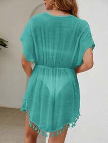 Kimono ribete con fleco de cintura con cordón de manga murciélago - Verde - Ver 2