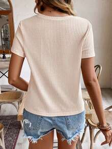 de manga corta para la primavera y el verano con cuello redondo y unicolor en tela texturizada para uso casual - Albaricoque - Ver 2