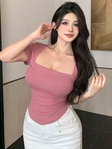Camiseta de mujer de verano de cuello cuadrado, manga corta, unicolor, ajuste ceñido, tops lindos - Rosa - Ver 7