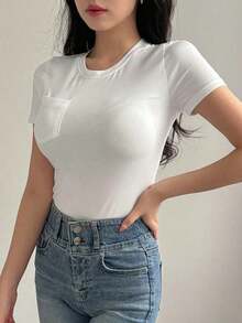 Camiseta De Manga Corta De Cuello Redondo Y Color Sólido Para Mujer - Blanco - Ver 3