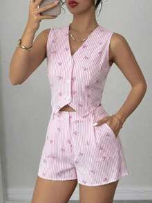 Conjunto de 2 piezas de chaleco y shorts casuales a rayas para mujer de verano - Rosa - Ver 3
