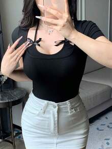 Camiseta de manga corta de ajuste ceñido, casual y sexy con decoración de lazo en el cuello halter para mujer - Negro - Ver 7