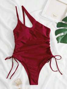 Traje De Baño De Una Pieza Sin Anillo De Acero Con Lado De Cordón - Rosa Roja - Ver 8