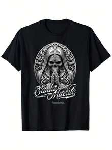 Men's Casual Cotton T-Shirt With Oval-Shaped Graphic Print Of The Virgin Mary - Soft Black 100% Cotton T-Shirt - 黑色 - 查看 1
