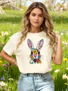 Blusa casual y versátil con estampados de conejo, flores y bordados - Tela suave, elástica y cómoda para el veranoPure-Cotton - Albaricoque - Ver 6