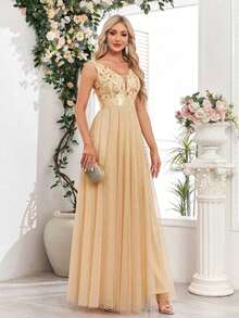 Vestido de dama de honor formal de línea A con escote en V sin mangas, bordado y de malla, vestido de fiesta elegante, vestido de invitado de boda formal, vestido de ceremonia de graduación, vestido de noche de primavera - Dorado - Ver 5