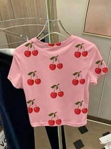Camiseta de manga corta y cuello redondo informal con estampado de cerezas, para verano - Rosa - Ver 2