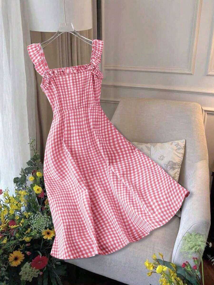 Vestido casual de verano entallado con tirantes finos y corte en A hasta la pantorrilla, en tela a cuadros rojos, para primavera/verano - Rosa - Ver 1