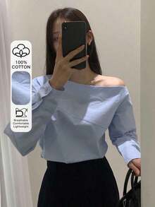 Camisa azul de manga larga con hombro asimétrico de unicolor para mujer, azul claro, primavera/verano/otoño - Celeste - Ver 10