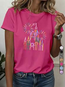 1 pieza de camiseta deportiva casual para mujer, camiseta de cuello redondo, AUX DES MOUBLES, estampado de castillo vintage, ropa casual artística, uso diario, estilo europeo para el Día de la Independencia, camiseta retro, estilo francés chic, top cómodo para todas las estaciones, 180g 100% algodón. - Negro - Ver 11