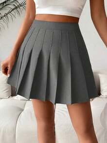 Falda pantalón casual de talle alto con pliegues y rayas para mujer - Gris Oscuro - Ver 7