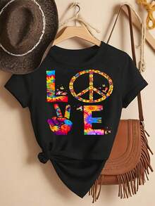 Women's Short Sleeve Cotton Crew Neck T-Shirt - Peace Symbol, Love - Fashionable Printed T-Shirt For Spring/Summer, Your Best Choice! Simple T-Shirt For Everyday Wear - 黑色 - 查看 7