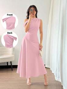 Vestido de cóctel elegante de estilo francés bohemio y chic con detalles de volantes, cuello asimétrico y silueta de línea A en color verde macaron, ideal para vacaciones, días festivos, graduación, citas - Rosa - Ver 12