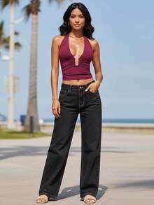 Women's Halter Neck Vest Summer Sleeveless Open Back Slim Ruched Tie Neck Tank Tops - 紫紅色 - 查看 1