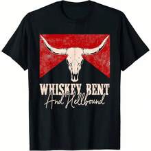 "Whiskey Bent And Hellbound" Western Graphic T-Shirt, Short Sleeve, Plus Size, Thick Cotton, Classic Print For Men And Women, Casual Wear For Everyday Use, Soft And Comfortable Cotton, Desert Cactus Design, Fashionable Western Style T-Shirt. - 黑色 - 查看 4