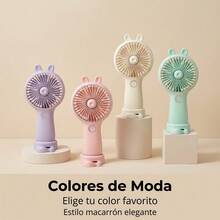 Ventilador portátil de oído de conejo con soporte para móvil, modelo recargable, mini ventilador de tres velocidades ajustables en la mesa. - Beis - Ver 6